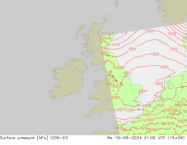 Surface pressure ICON-D2 We 19.06.2024 21 UTC