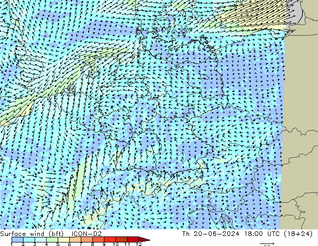 Surface wind (bft) ICON-D2 Čt 20.06.2024 18 UTC