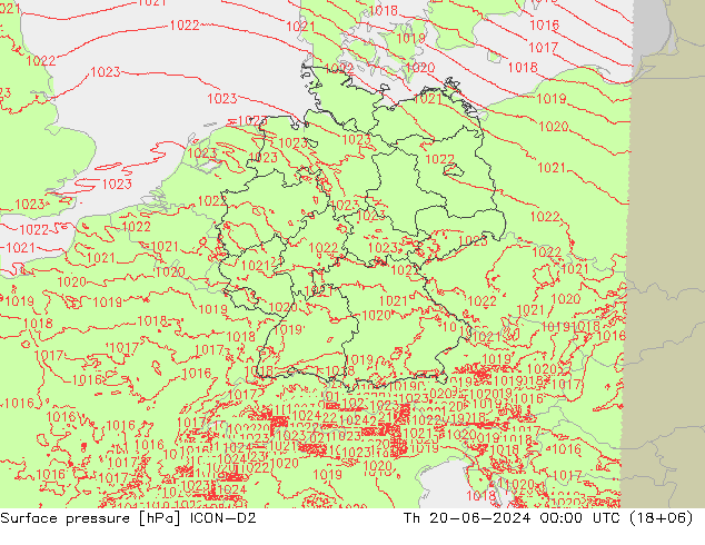 Atmosférický tlak ICON-D2 Čt 20.06.2024 00 UTC
