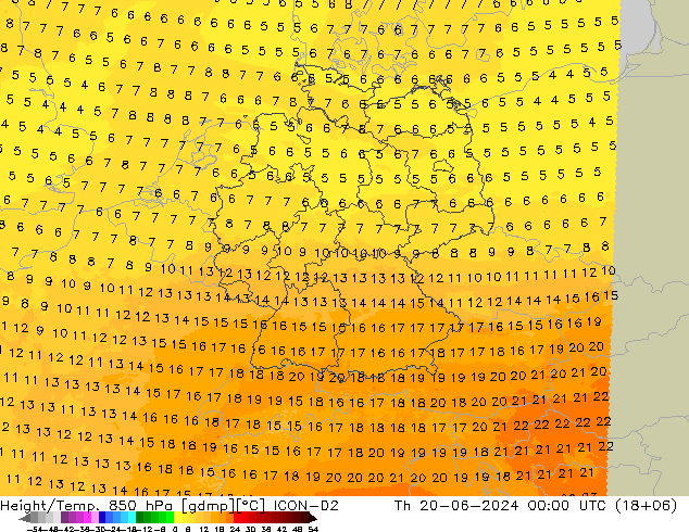 Géop./Temp. 850 hPa ICON-D2 jeu 20.06.2024 00 UTC