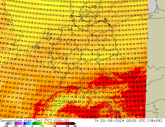 Temperature High (2m) ICON-D2 Th 20.06.2024 00 UTC