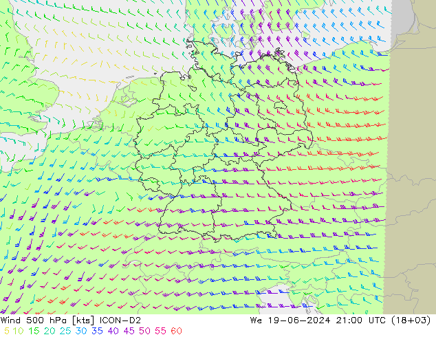 Viento 500 hPa ICON-D2 mié 19.06.2024 21 UTC