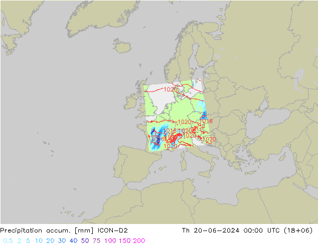 Precipitation accum. ICON-D2 星期四 20.06.2024 00 UTC