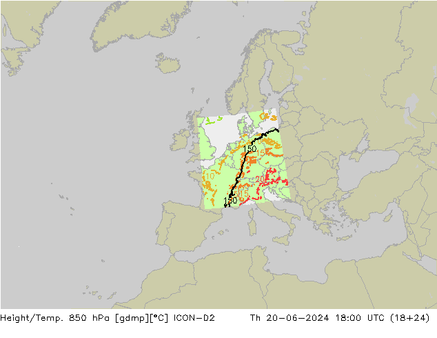 Hoogte/Temp. 850 hPa ICON-D2 do 20.06.2024 18 UTC