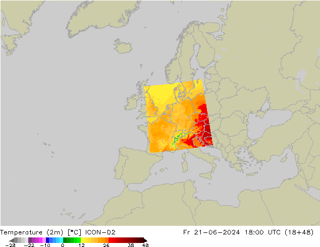 Temperatuurkaart (2m) ICON-D2 vr 21.06.2024 18 UTC