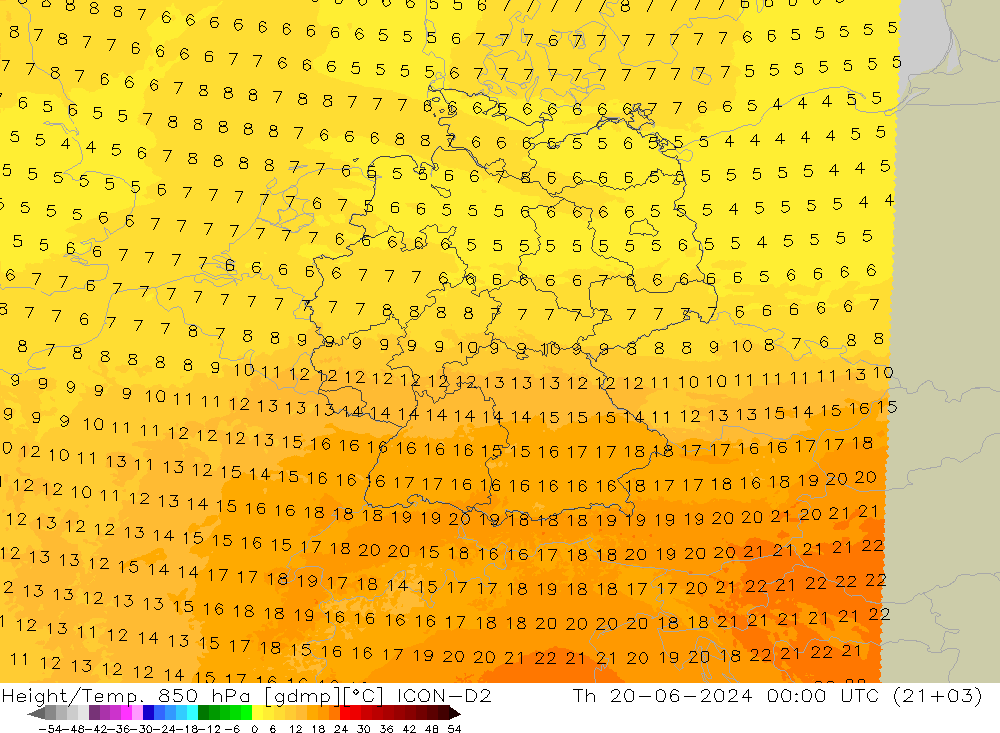 Hoogte/Temp. 850 hPa ICON-D2 do 20.06.2024 00 UTC