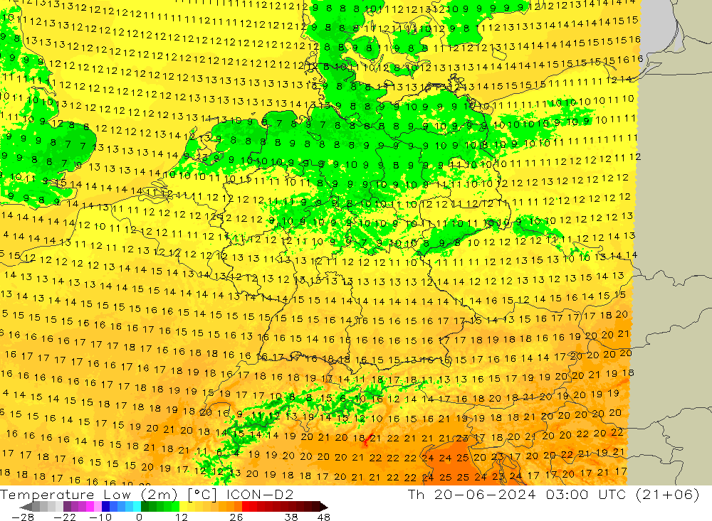 Temperature Low (2m) ICON-D2 星期四 20.06.2024 03 UTC