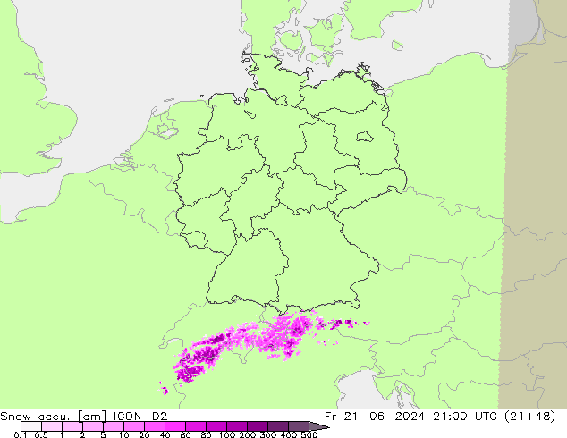 Snow accu. ICON-D2 Fr 21.06.2024 21 UTC