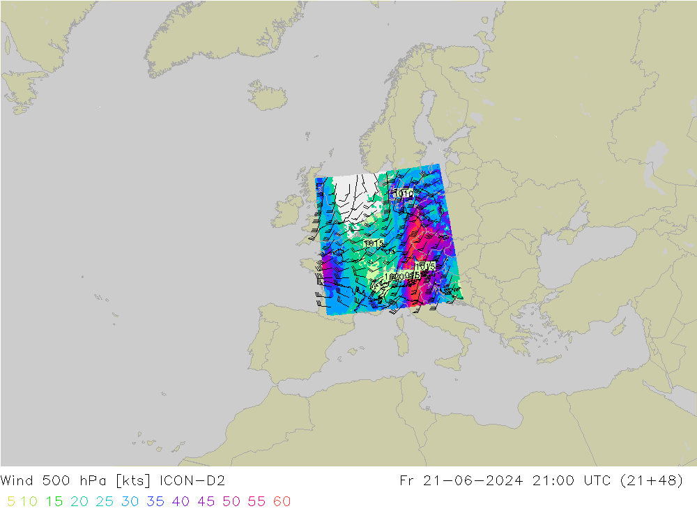 Wind 500 hPa ICON-D2 Fr 21.06.2024 21 UTC