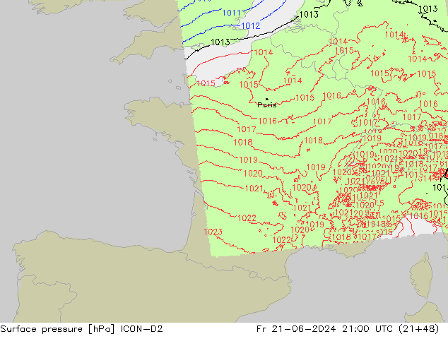 Bodendruck ICON-D2 Fr 21.06.2024 21 UTC