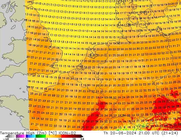 Temperature High (2m) ICON-D2 Th 20.06.2024 21 UTC