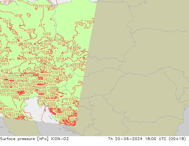 Atmosférický tlak ICON-D2 Čt 20.06.2024 18 UTC