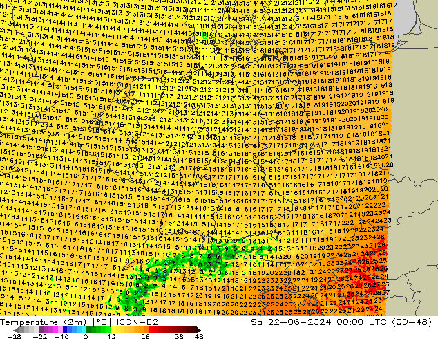 Temperatura (2m) ICON-D2 Sáb 22.06.2024 00 UTC