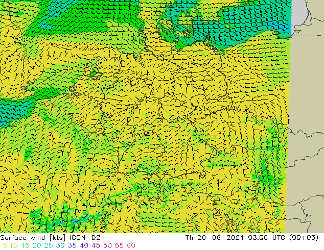 风 10 米 ICON-D2 星期四 20.06.2024 03 UTC
