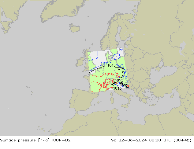 地面气压 ICON-D2 星期六 22.06.2024 00 UTC