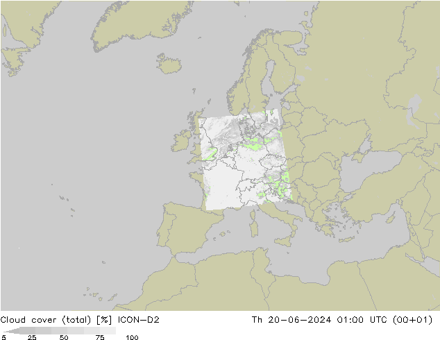Nubes (total) ICON-D2 jue 20.06.2024 01 UTC