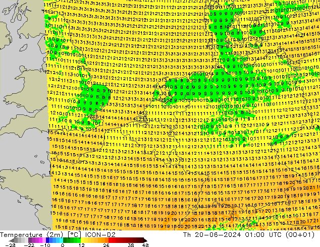 温度图 ICON-D2 星期四 20.06.2024 01 UTC