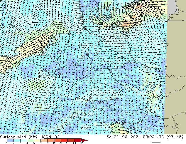 Surface wind (bft) ICON-D2 Sa 22.06.2024 03 UTC