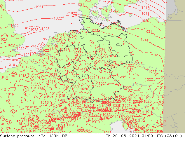 Atmosférický tlak ICON-D2 Čt 20.06.2024 04 UTC