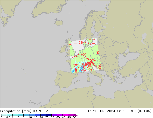 Precipitación ICON-D2 jue 20.06.2024 09 UTC