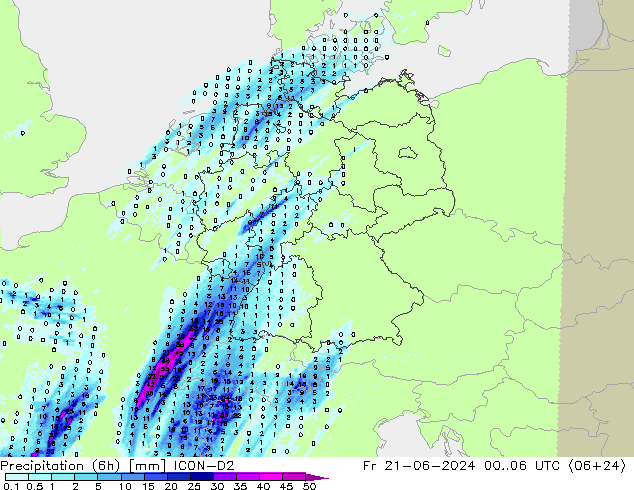 Precipitation (6h) ICON-D2 Fr 21.06.2024 06 UTC