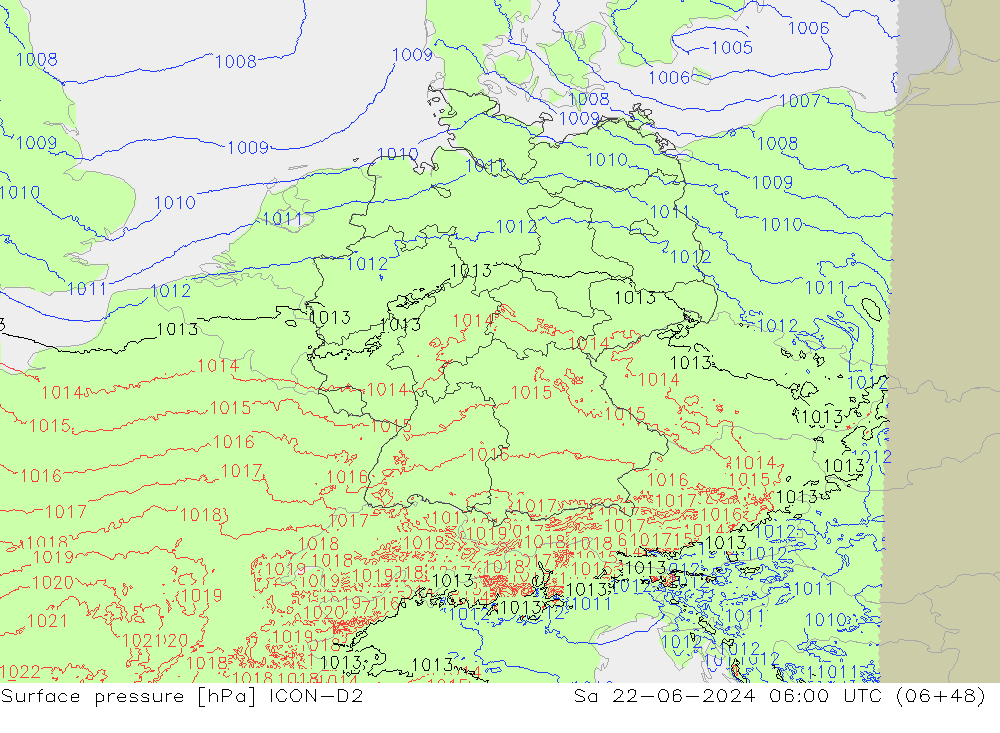 приземное давление ICON-D2 сб 22.06.2024 06 UTC