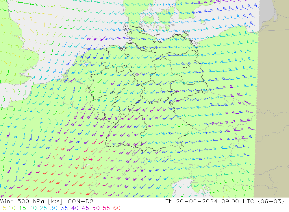 Viento 500 hPa ICON-D2 jue 20.06.2024 09 UTC