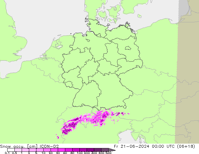 Snow accu. ICON-D2 Pá 21.06.2024 00 UTC