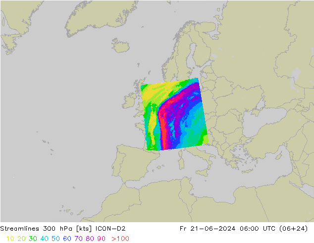 Línea de corriente 300 hPa ICON-D2 vie 21.06.2024 06 UTC