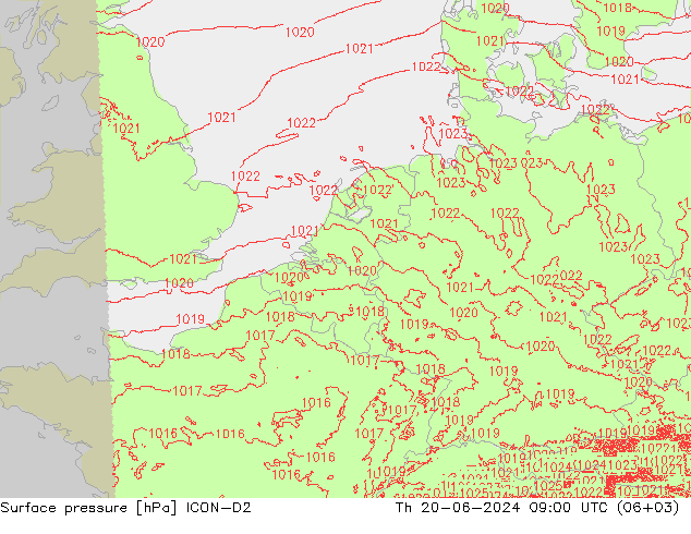 地面气压 ICON-D2 星期四 20.06.2024 09 UTC