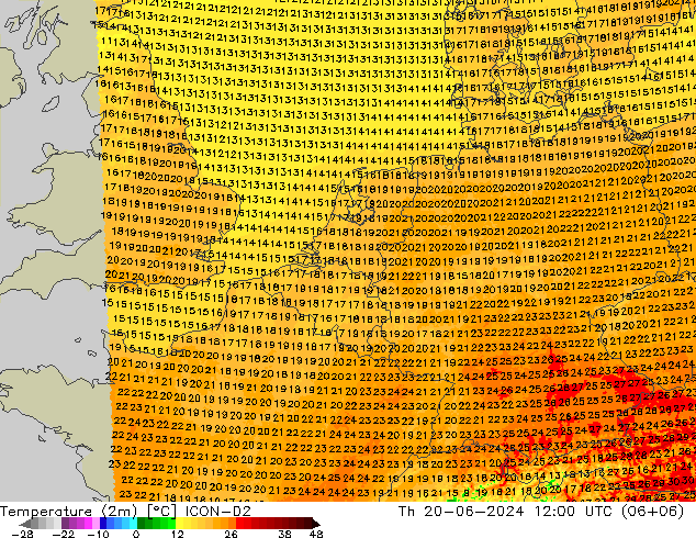 温度图 ICON-D2 星期四 20.06.2024 12 UTC