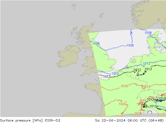 Pressione al suolo ICON-D2 sab 22.06.2024 06 UTC