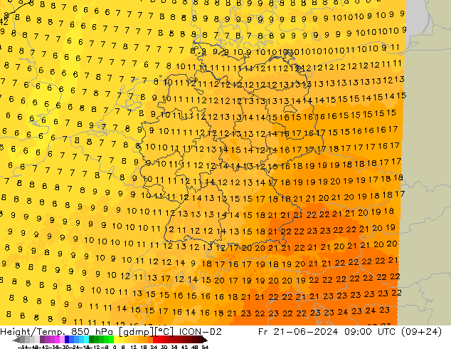 Height/Temp. 850 hPa ICON-D2 Fr 21.06.2024 09 UTC