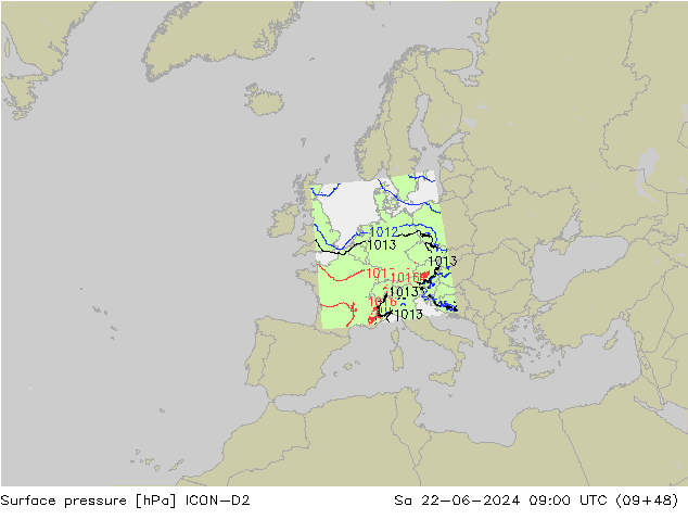 地面气压 ICON-D2 星期六 22.06.2024 09 UTC