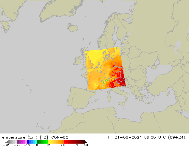 Temperaturkarte (2m) ICON-D2 Fr 21.06.2024 09 UTC