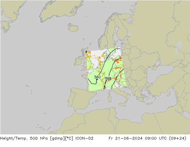 Height/Temp. 500 hPa ICON-D2 Fr 21.06.2024 09 UTC
