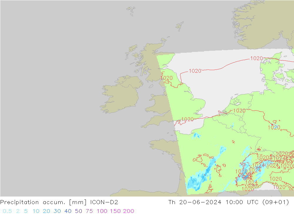 Precipitation accum. ICON-D2 чт 20.06.2024 10 UTC