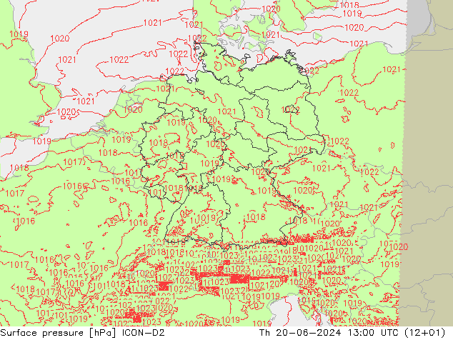地面气压 ICON-D2 星期四 20.06.2024 13 UTC