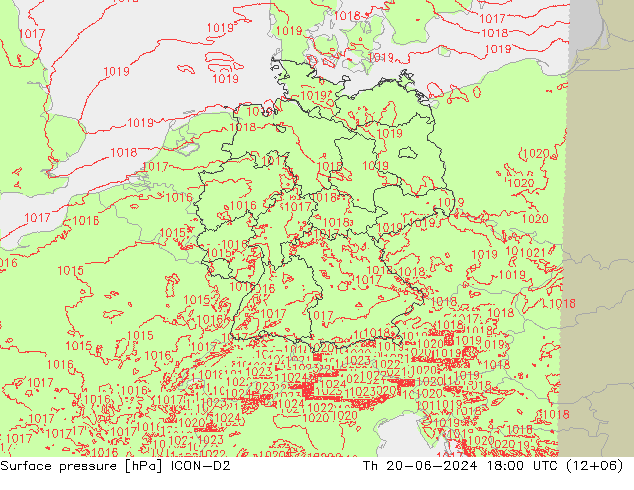 Atmosférický tlak ICON-D2 Čt 20.06.2024 18 UTC