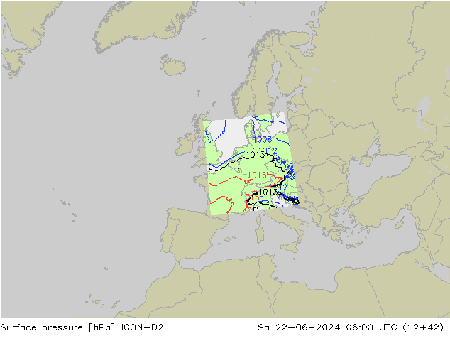 Pressione al suolo ICON-D2 sab 22.06.2024 06 UTC