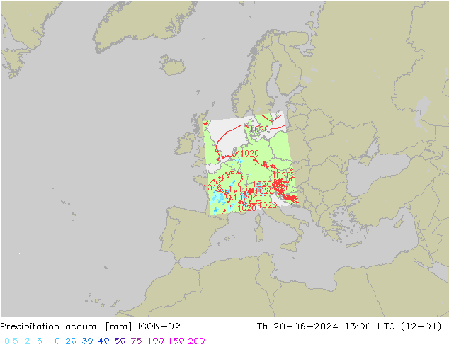 Precipitation accum. ICON-D2 czw. 20.06.2024 13 UTC