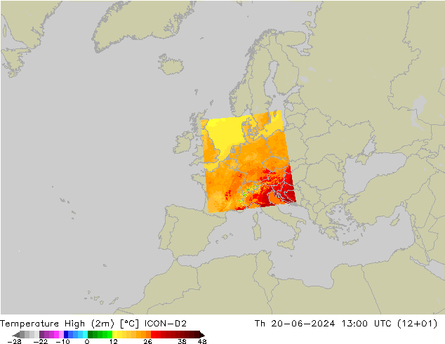 Temperatura máx. (2m) ICON-D2 jue 20.06.2024 13 UTC