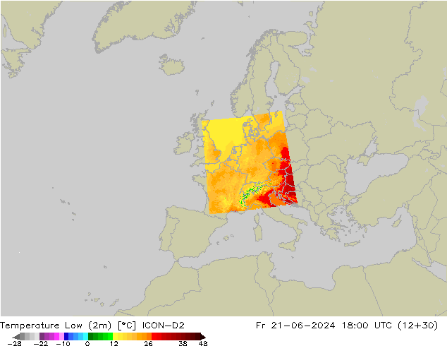 Temperature Low (2m) ICON-D2 Fr 21.06.2024 18 UTC