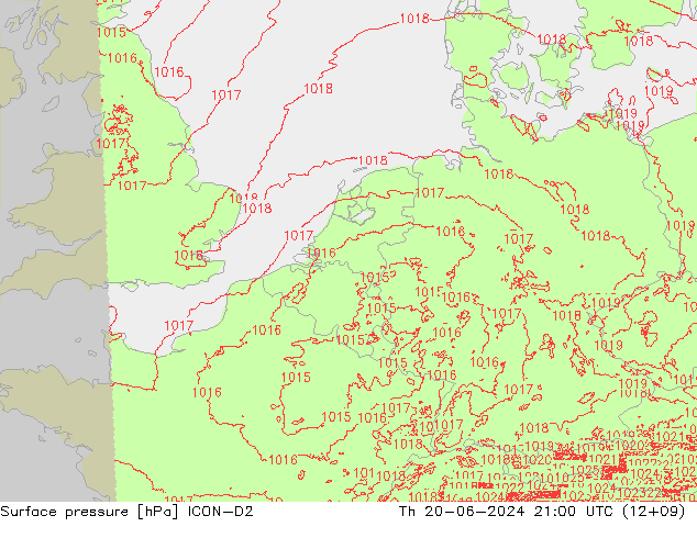 Atmosférický tlak ICON-D2 Čt 20.06.2024 21 UTC