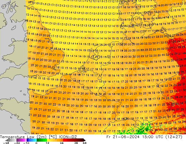 Min.temperatuur (2m) ICON-D2 vr 21.06.2024 15 UTC