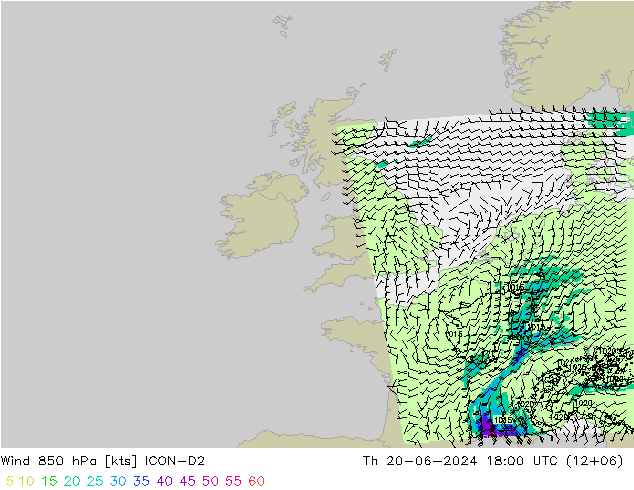 Vent 850 hPa ICON-D2 jeu 20.06.2024 18 UTC