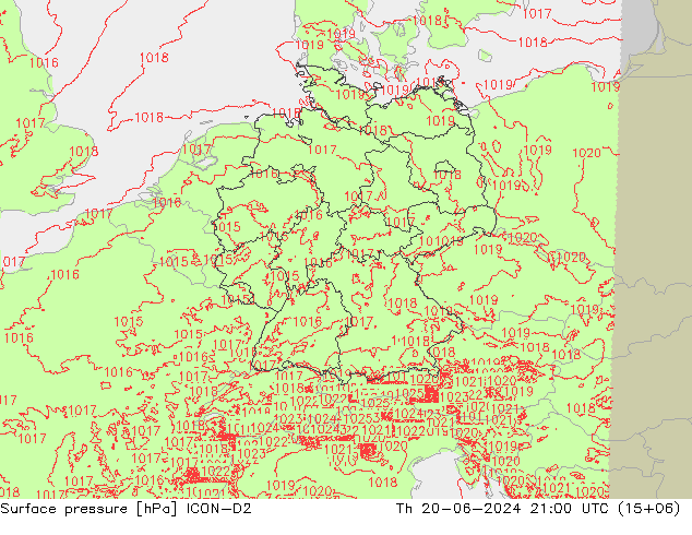 Atmosférický tlak ICON-D2 Čt 20.06.2024 21 UTC