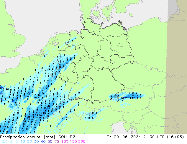 Precipitation accum. ICON-D2 czw. 20.06.2024 21 UTC