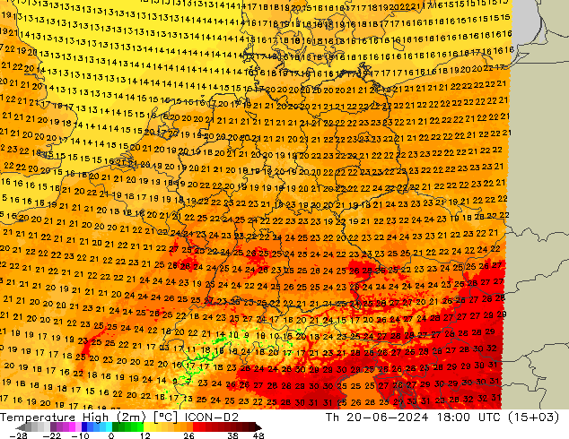 Max. Temperatura (2m) ICON-D2 czw. 20.06.2024 18 UTC