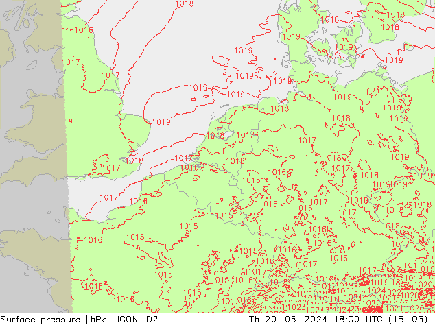 Surface pressure ICON-D2 Th 20.06.2024 18 UTC